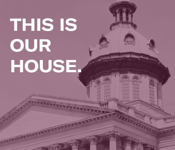 A burgundy tinted photograph of the South Carolina State House accompanied by the text, "This is our house."